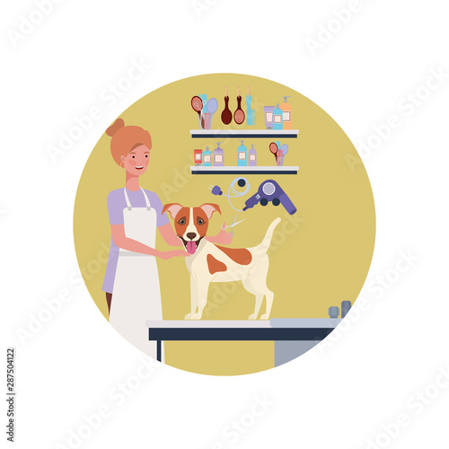 young woman with dog in pet groomer