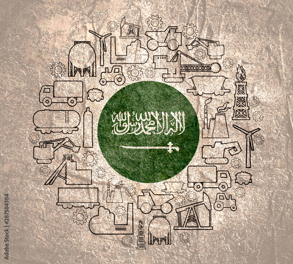 Obraz premium Concept of industrial plant and manufacture building. Energy generation and heavy industry. Brochure or cover design template. Circle frame with industrial thin line icons. Flag of the Saudi Arabia