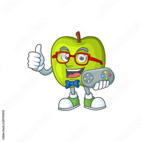 Gamer granny smith green apple cartoon mascot