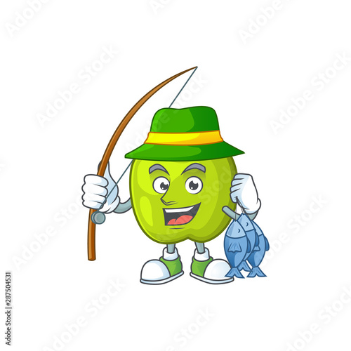 Fishing granny smith green apple cartoon mascot