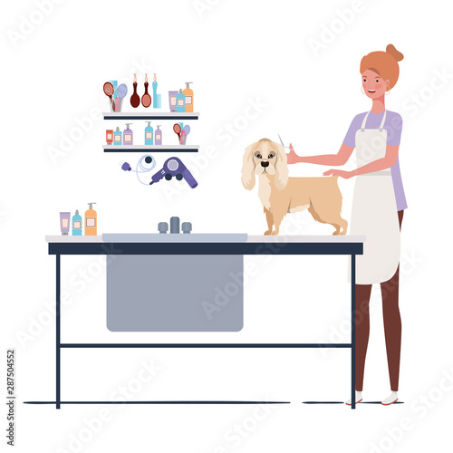 young woman with dog in pet groomer