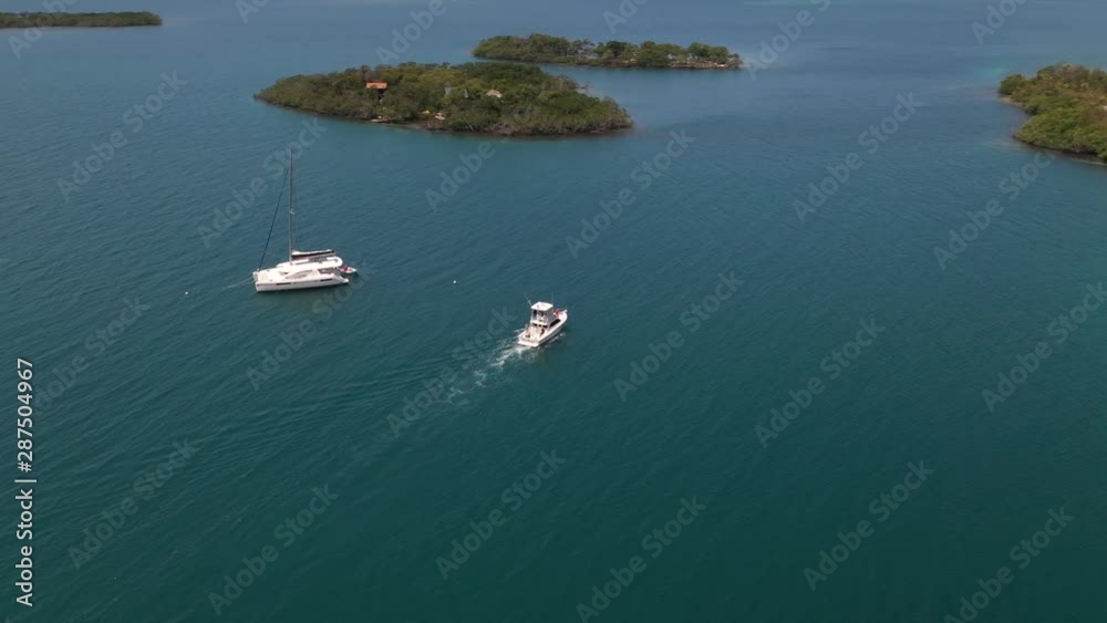 Aerial Drone Parallax Of Sailing Luxury Yacht between two Islands On Caribbean Sea 4K.Circle Shot High Angle