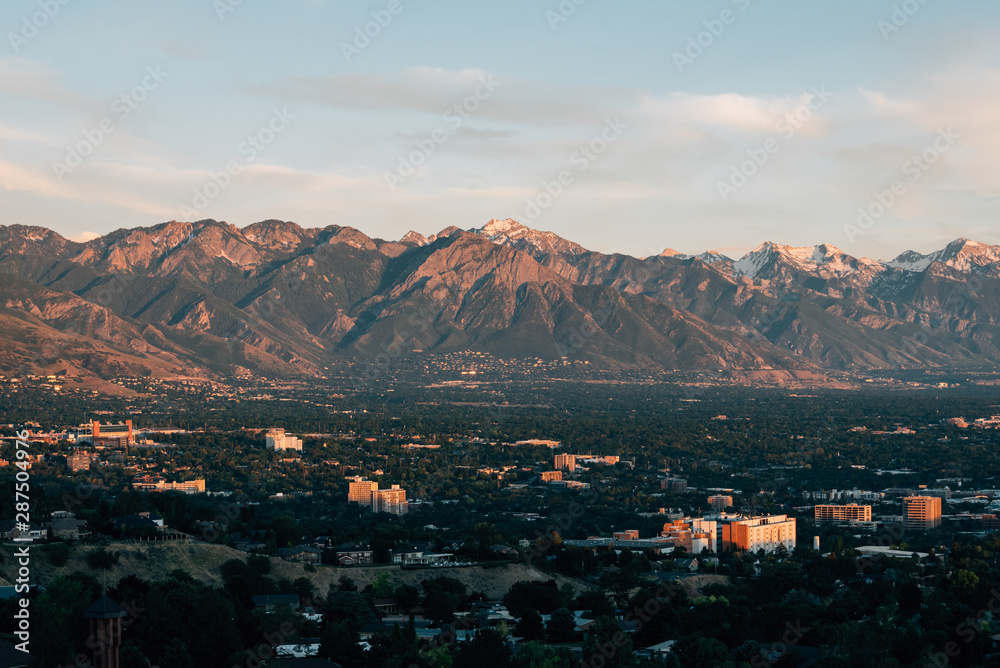 View of distant mountains at sunset from Ensign Peak, in Salt Lake City, Utah