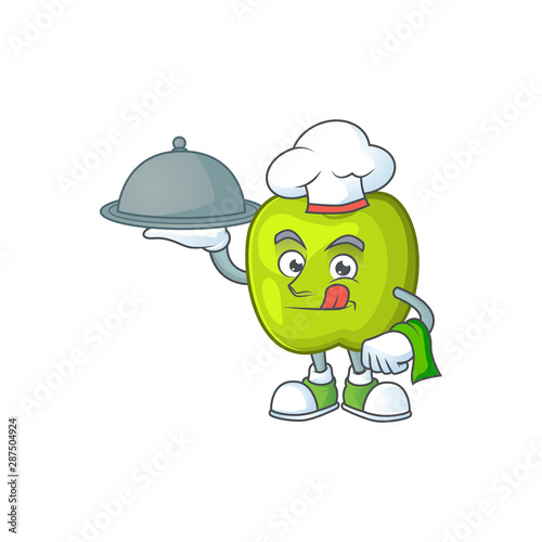 Chef with food granny smith green apple cartoon mascot