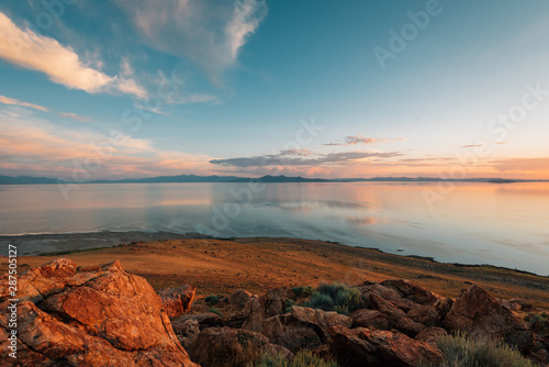 View of the Great Salt Lake at sunset, at Antelope Island State Park, Utah photo