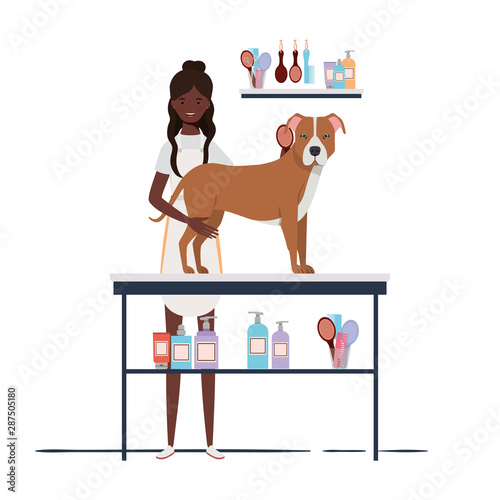 young woman with dog in pet groomer