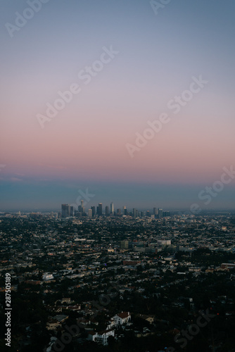 View of downtown Los Angeles at sunset, from Griffith Observatory, in Los Angeles, California