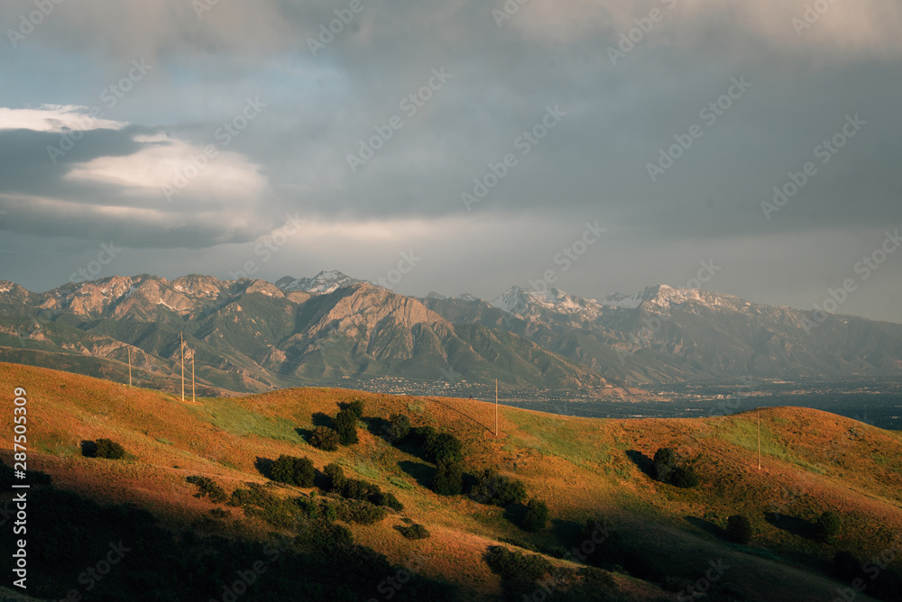 View of hills and distant mountains from the Bonneville Shoreline Trail in Salt Lake City, Utah