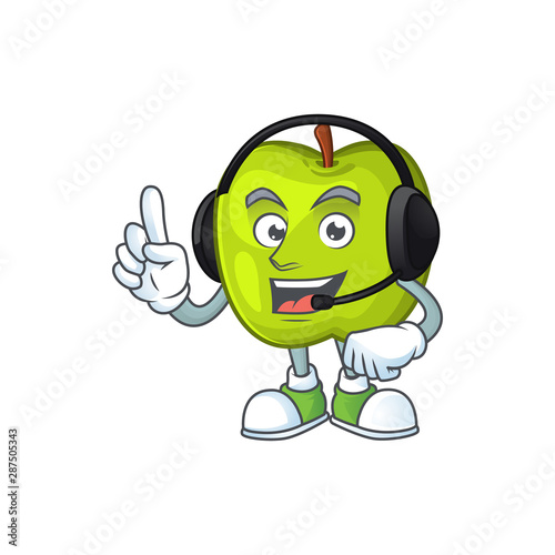 With headphone granny smith apple character for health mascot