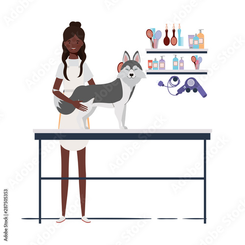 young woman with dog in pet groomer