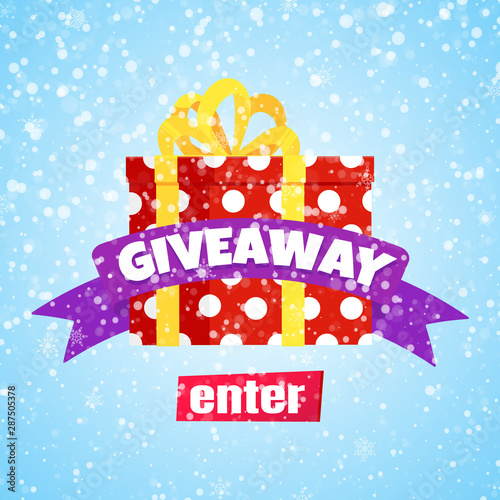 Giveaway winter gift concept for winners in social medias flat style design vector illustration. Internet give away poster for bloggers prize announcement random quizes flyer leflet on snow background