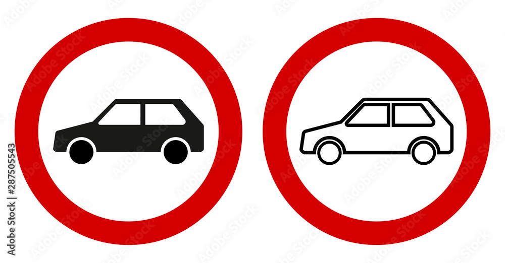 Warning - cars icon. Simple vehicle drawing in red circle. Warning - cars icon. Simple vehicle drawing in red circle.