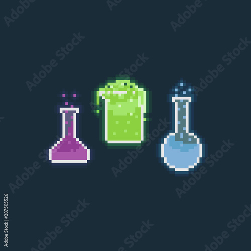 Pixel glowing chemical icon set. 8bit.  
