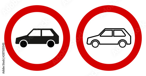 Warning - cars icon. Simple vehicle drawing in red circle.