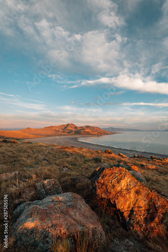 View of the Great Salt Lake at sunset, at Antelope Island State Park, Utah