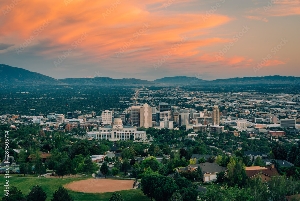 View of downtown at sunset, from Ensign Peak, in Salt Lake City, Utah
