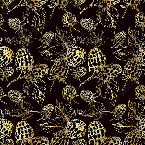 Vector Raspberry healthy food isolated. Black and white engraved ink art. Seamless background pattern.