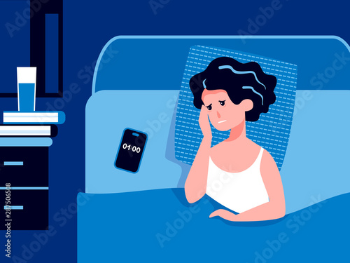 A poor sleepy woman suffers from insomnia and tries to sleep. Tired face. Problems with stress, depression, nightmares. Biological rhythms disturbance. Sleeplessness concept. Flat vector illustration.