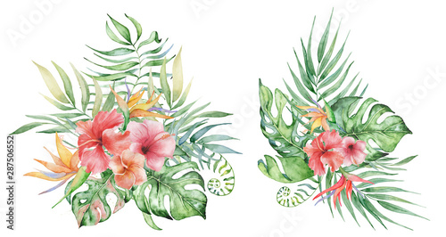 watercolor tropical plants bouquets set. Exotic flowers and leaves 