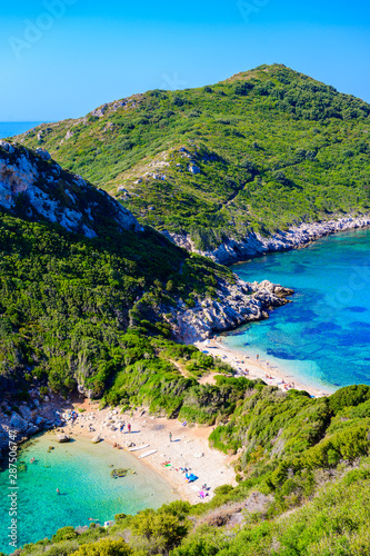 Fototapeta Naklejka Na Ścianę i Meble -  Porto Timoni beach at Afionas is a paradise double beach with crystal clear azure water in Corfu, Ionian island, Greece, Europe