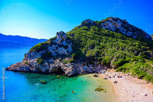 Porto Timoni beach at Afionas is a paradise double beach with crystal clear azure water in Corfu, Ionian island, Greece, Europe