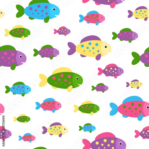 Small colorful cute fishes on white background. Abstract vector seamless pattern in flat style