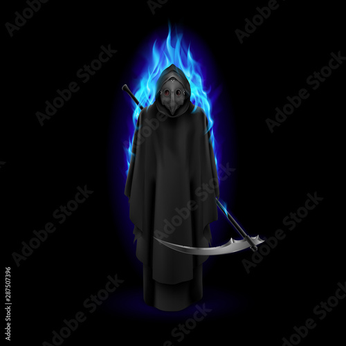 Plague Doctor in Blue Flame Over Black Background. Medieval Death Symbol Plague Doctor Mask for Web, Poster, Info Graphic