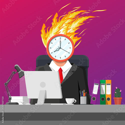 Stressed businessman on workplace tired work on computer. Business man clock head in fire. Deadline late with working task. Overworked stressed office worker. Time management. Flat vector illustration