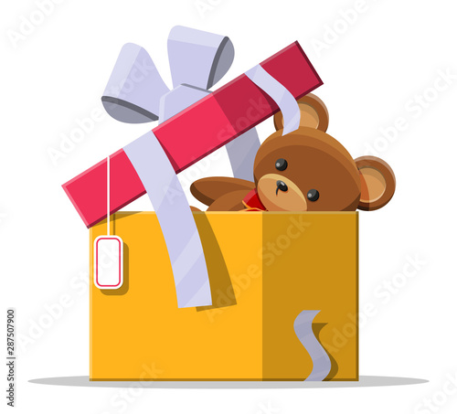 Teddy bear inside gift box. Bear plush toy. Teddybear icon. Christmas or new year gift. Children donation. Vector illustration in flat style