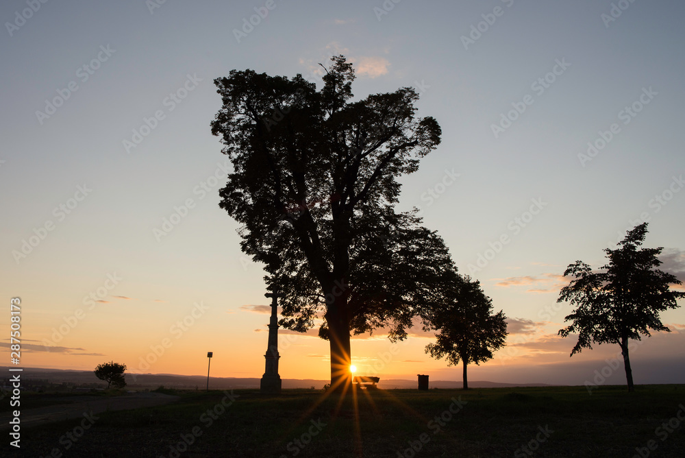Tree silhouette in sunset with a wayside cross with field and road. Calvary in landscape. Olomouc Czech Republic Tree silhouette in sunset with a wayside cross with field and road. Calvary in landscape. Olomouc Czech Republic