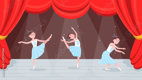 Open red curtains theater or ballet dance scene with price, curtains, scenery and 3 young beautiful ballerina dressed in tutu and pointe shoes standing at the pose flat style vector illustration.