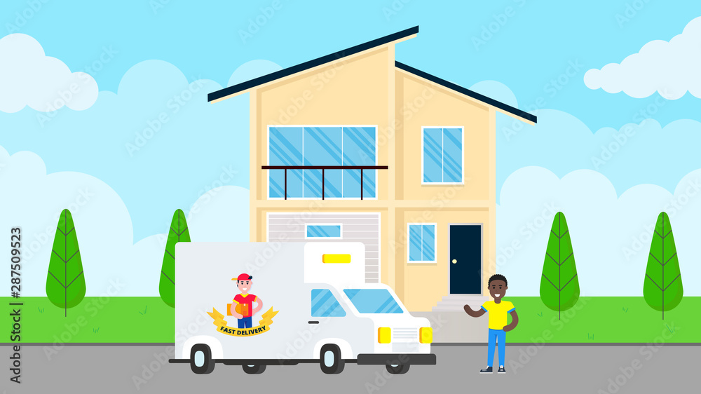 Fast delivery car with cargo shipment and girl with box and clipboard on van flat style design standing near man behind building. Delivery to home concept. Fast and free.