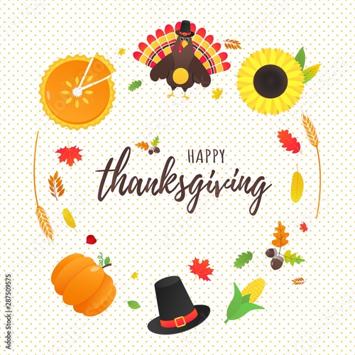 Happy thanksgiving day flat style design poster vector illustration with turkey, text, autumn leaves, sunflower, corn and pumpkin. Turkey with hat and colored feathers celebrate holidays!