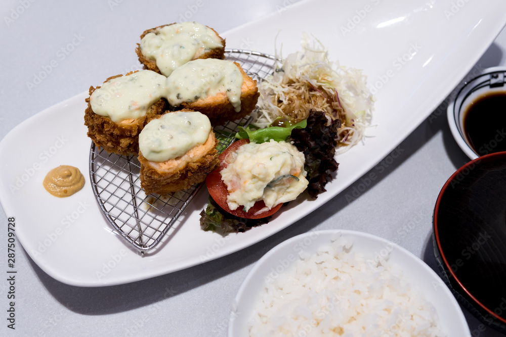 Fried Salmon with cream sauce (Japanese food). Fried Salmon with cream sauce (Japanese food).