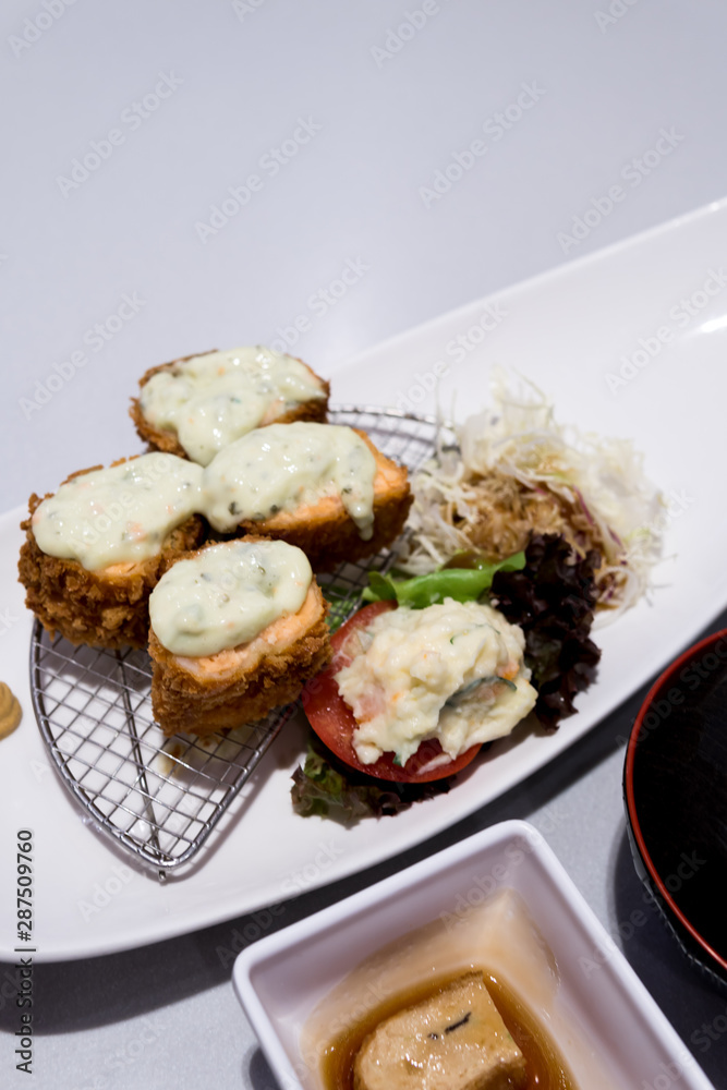 Fried Salmon with cream sauce (Japanese food). Fried Salmon with cream sauce (Japanese food).