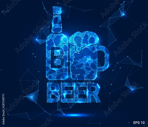Hologram beer. A bottle and a mug of beer from polygons, triangles points and lines. Beer low connection structure. Technology concept.