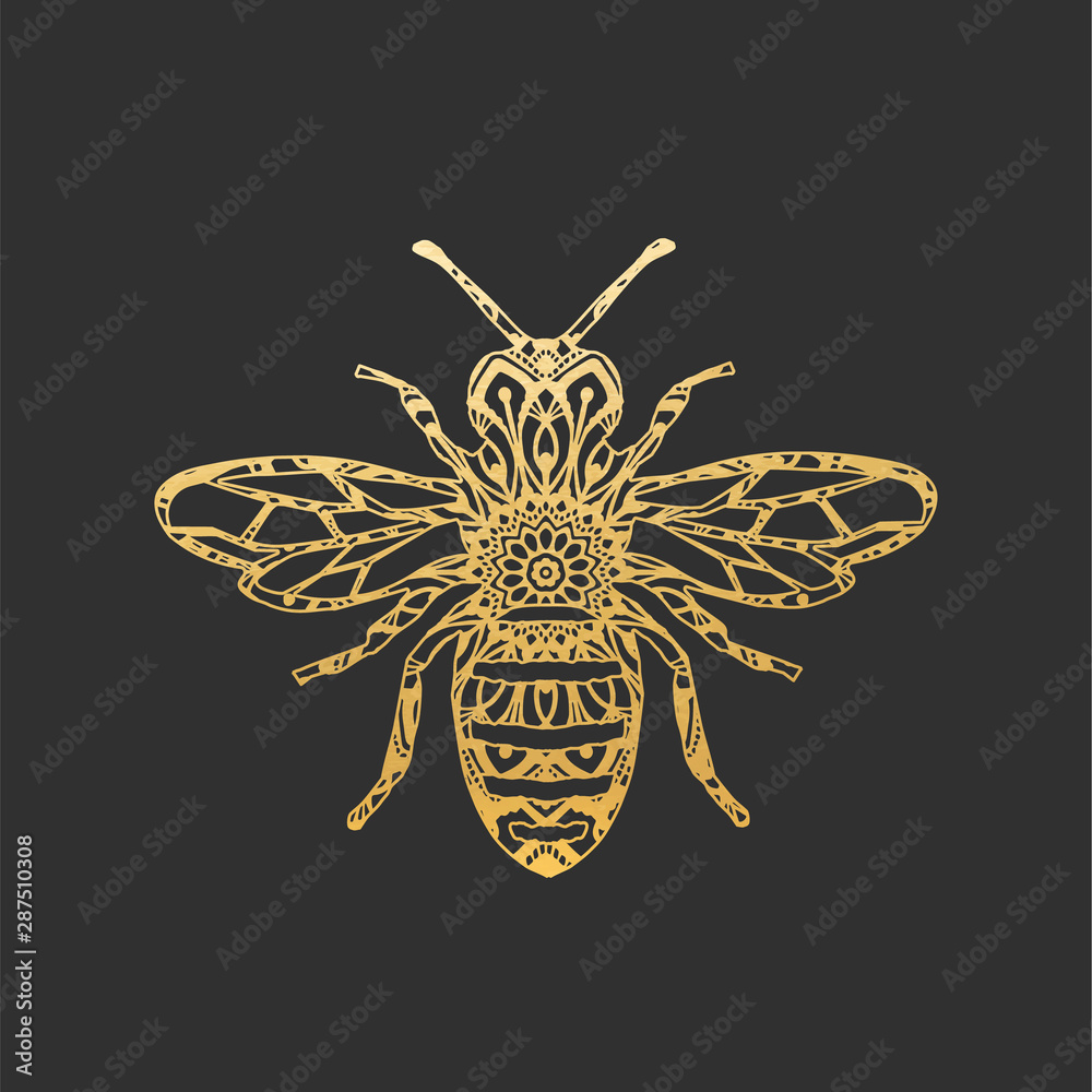 Golden Abstract Ornamental Bee Shape. Vector Honey Bee for Your Design