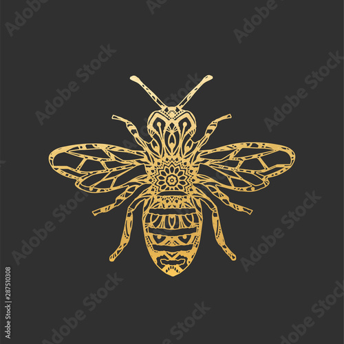 Golden Abstract Ornamental Bee Shape. Vector Honey Bee for Your Design.
