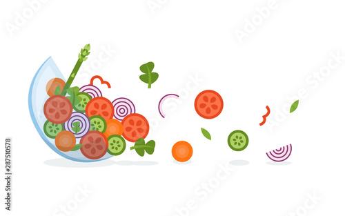 Fresh vegetables coming out from a glass bowl. Healthy eating concept. Flat vector illustration.