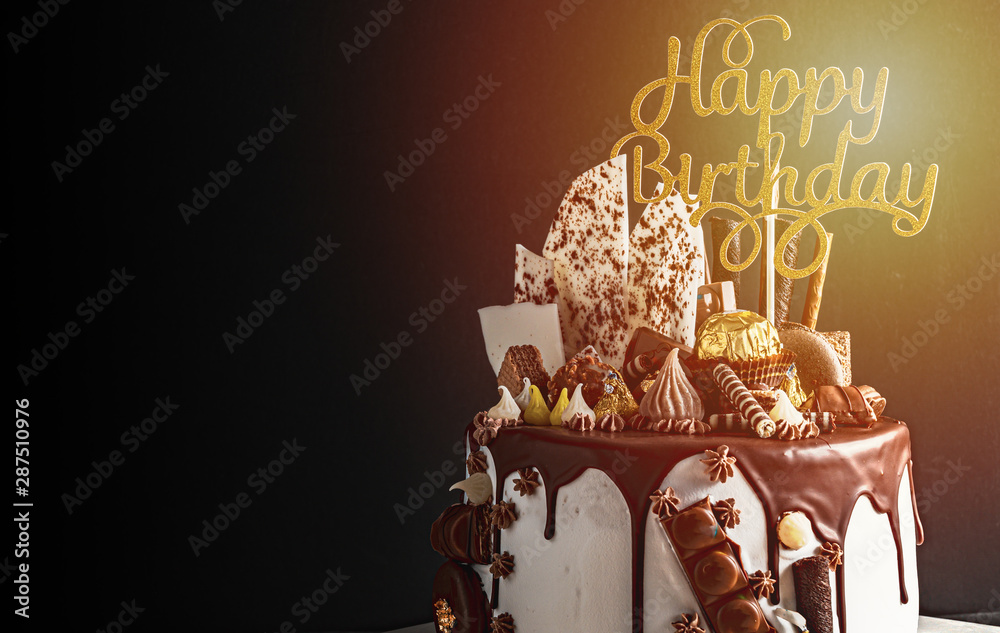 Chocolate cake with Happy birthday tag on black background,Homemade cake,Banner  cover with copy space for design background Stock Photo | Adobe Stock