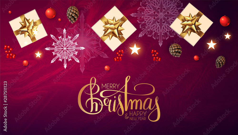Merry Christmas and Happy New Year Holiday background with lettering, fir tree branches, snowflakes, gifts, cones red berries and balls.