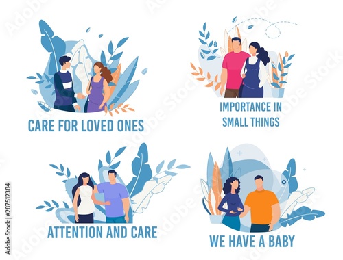 Happy Pregnancy Flat Cards Set. Husband and Pregnant Wife Cartoon Collection. Care for Loved Ones, Importance in Small Things, Attention and Care, We Have Baby Lettering. Vector Illustration