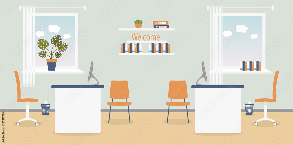 Interior of working place in the office on the light grey background. Vector illustration. Furniture: table, chair, shelf with folders and books.Wall clock,monstera,window,bin. For advertising,sites Interior of working place in the office on the light grey background. Vector illustration. Furniture: table, chair, shelf with folders and books.Wall clock,monstera,window,bin. For advertising,sites
