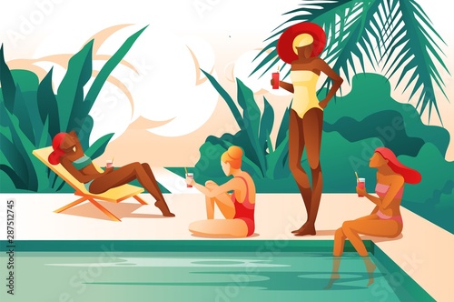Cartoon Women near Pool, Drink Coctail, Sunbathing Beach Chair, Swim Vector Illustration. Girl in Bikini Swimsuit. Party, Relaxation, Rest. Palm Tree, Tropic Nature, Sea Resort Hotel