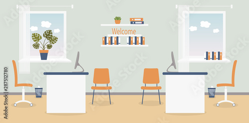 Interior of working place in the office on the light grey background. Vector illustration. Furniture: table, chair, shelf with folders and books.Wall clock,monstera,window,bin. For advertising,sites