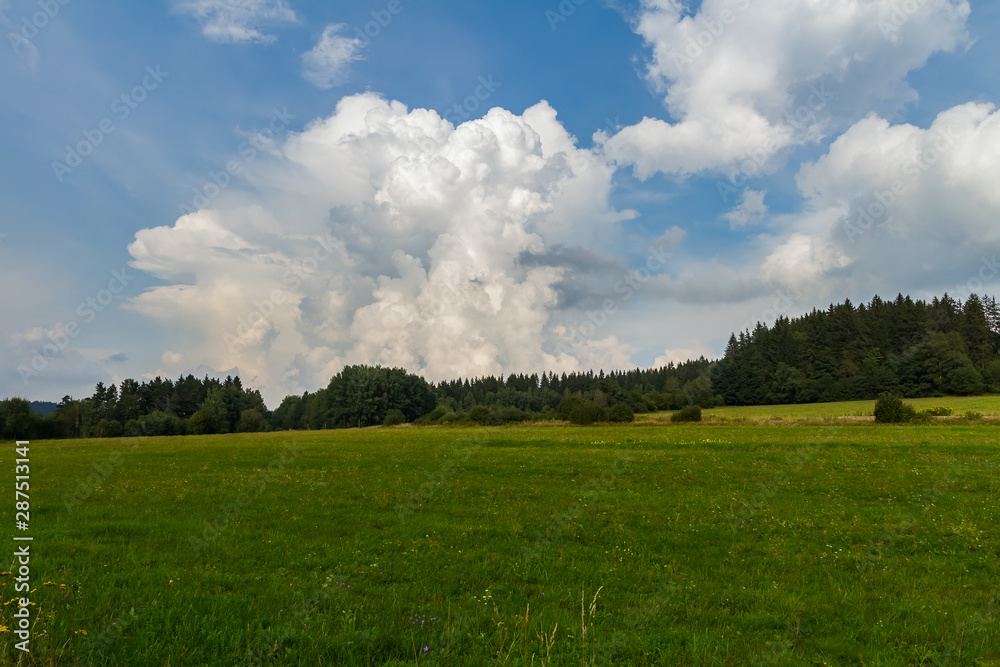 Amazing cloud with blue sky, summer czech meadow with trees, Sumava national park Amazing cloud with blue sky, summer czech meadow with trees, Sumava national park