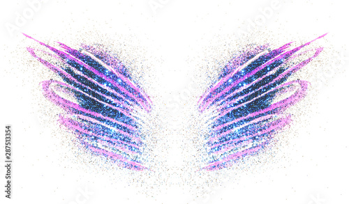 Canvas Print Blue glitter on abstract purple watercolor wings on white background