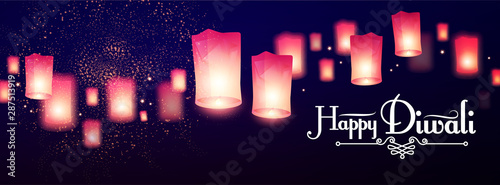 Happy Diwali Holiday background with flying sky lamps. Indian holiday.