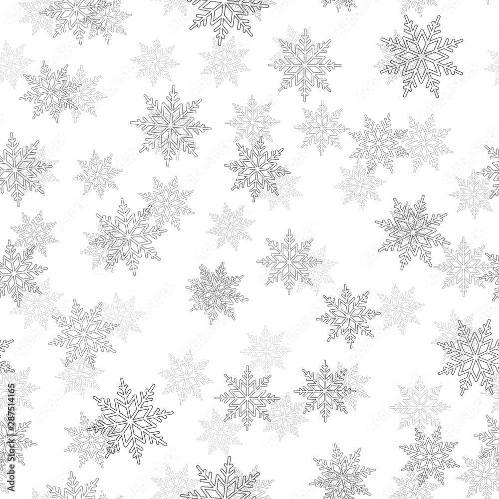 Seamless pattern with black snowflakes on white background. Vector