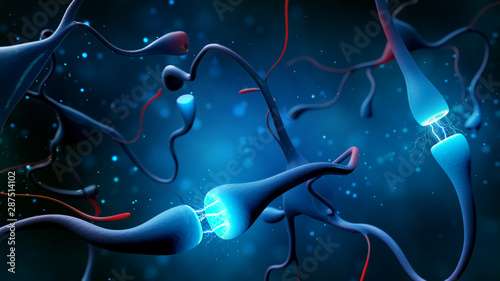 Synapse and Neuron cells sending electrical chemical signals. Digital synapse illustration on blue background. photo